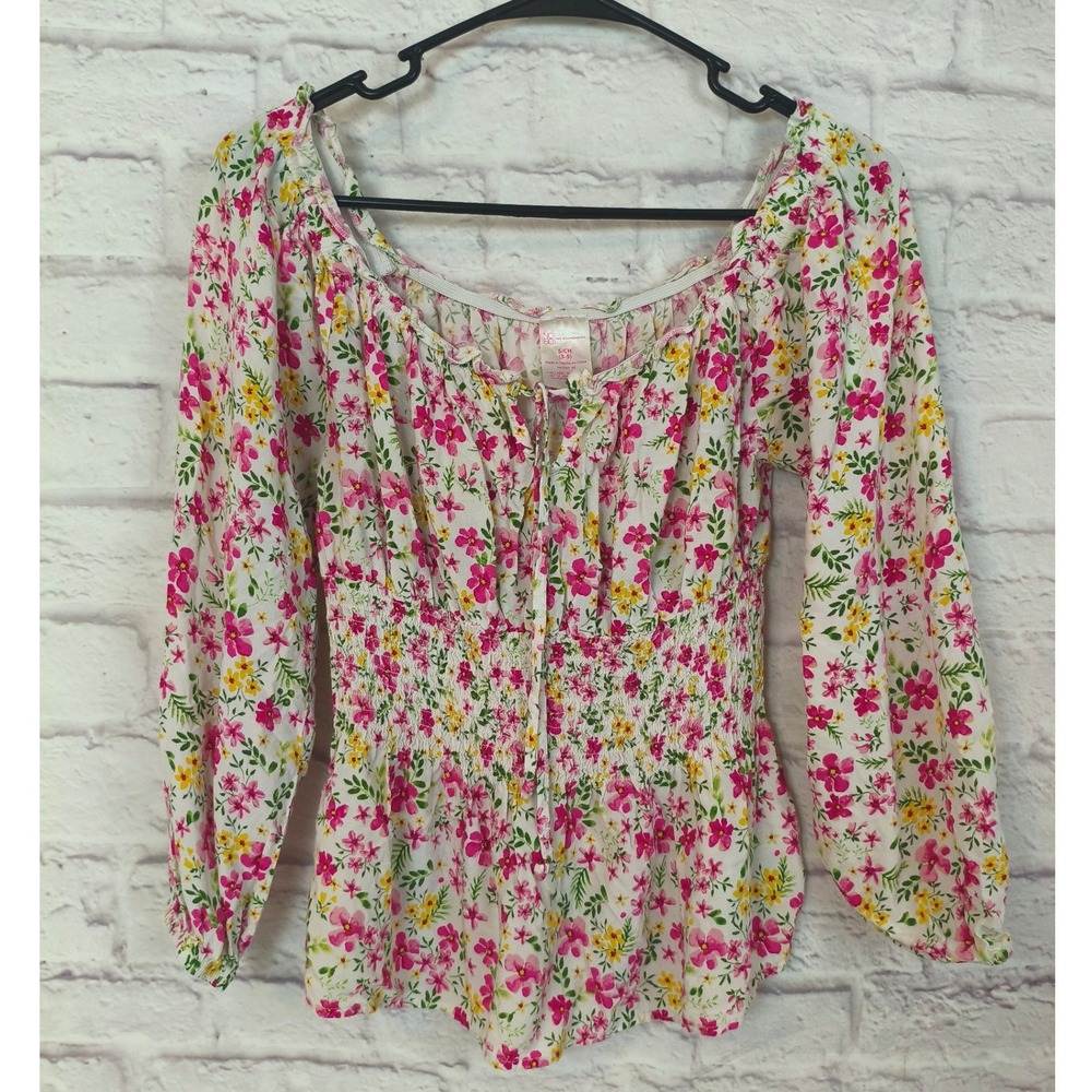 No Boundaries Floral Smocked Waist Peplum Top Pink Yellow Small